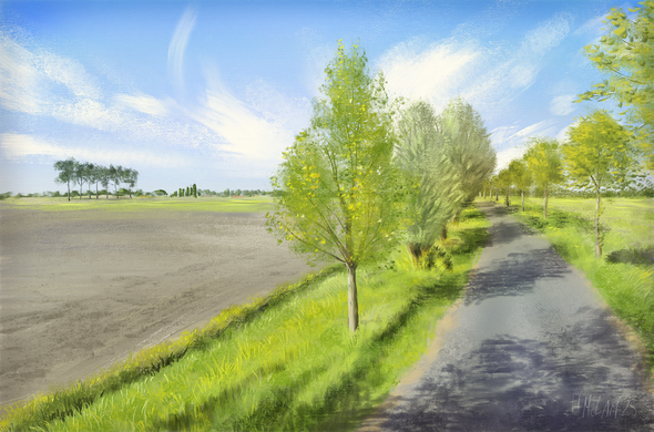 A digital painting of a verdant rural lane in a flat, Netherlands landscape. Small trees line the narrow grey road that curves off into the distance, with wide, empty fields on either side, under a blue sky spotted with wispy white clouds.