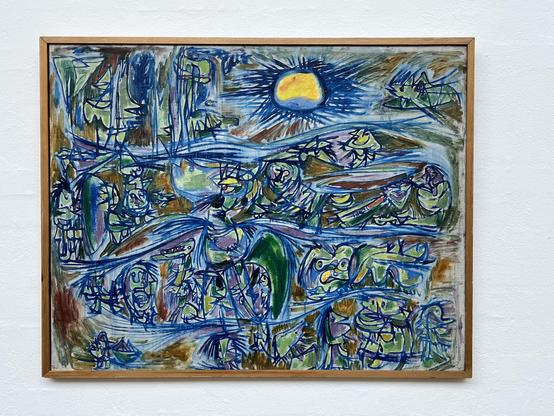 Ohne Titel, eine Landschaft, mit vielen Figuren in blau, quasi eine Nachtszene