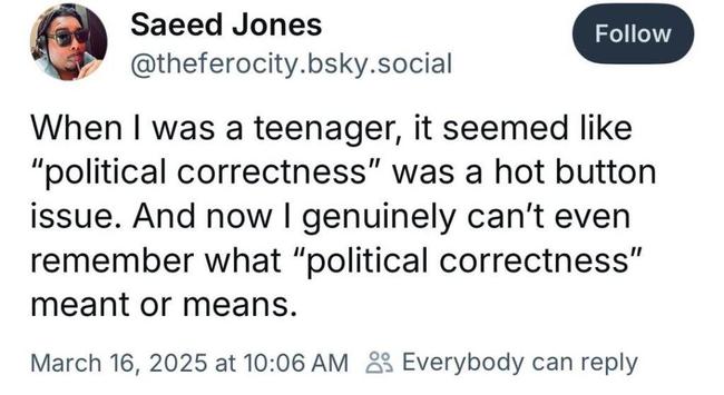 with the handle [@]theferocity.bsky.social. The post is dated March 16, 2025, at 10:06 AM. The post reads: "When I was a teenager, it seemed like 'political correctness' was a hot button issue. And now I genuinely can't even remember what 'political correctness' meant or means."