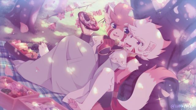 OC: Suno (right), Pon (left)

Tags: male, gay, couple, mustelid, red panda, ferret, japanese, scenery, background, nature, food

Sunny is hugging Pon from behind. Pon is holding a stick of dango as Sunny bites it. They're under a cherry blossom tree having a picnic.