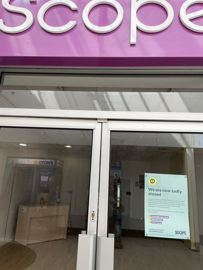 Empty scope shop with closed down sign