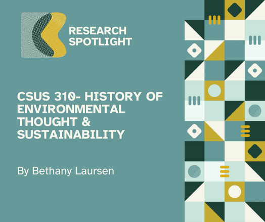 Teal flyer with white lettering that reads "CSUS 310- History of Environmental Thought and Sustainability by Bethany Laursen"