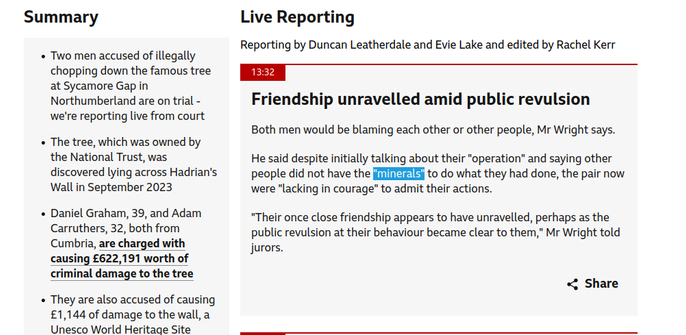 Screenshot of text from the BBC news website:

(... Summary Live Reporting Reporting by Duncan Leatherdale and Evie Lake and edited by Rachel Kerr

Two men accused of illegally chopping down the famous tree at Sycamore Gap in Northumberland are on trial -  we're reporting live from court.

The tree, which was owned by the National Trust, was  discovered lying across Hadrian's  Wall in September 2023 

 Daniel Graham, 39, and Adam  Carruthers, 32, both from  Cumbria, are charged with ey causing £622,191 worth of criminal damage to the tree.


They are also accused of causing £1,144 of damage to the wall, a Unesco World Heritage Site.

Both men would be blaming each other or other people, Mr Wright says. He said despite initially talking about their "operation” and saying other people did not have the "minerals" to do what they had done, the pair now were "lacking in courage" to admit their actions.

"Their once close friendship appears to have unravelled, perhaps as the public revulsion at their behaviour became clear to them,” Mr Wright told jurors."