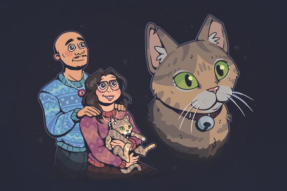 80’s style awkward family portrait photo with pet cat, webcomic comic styled commissions open