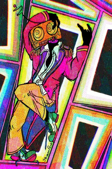 Drawing of a headless man holding a bright orange boombox on his shoulder in a way that makes it look like the boombox is his head. He's wearing a bright red tailcoat and fancy shoes.
