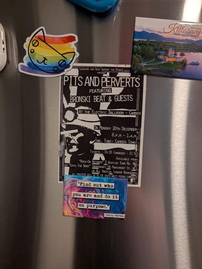 Photo of a postcard magnetized to a fridge. The postcard is a replica of the promotional poster for the "Pits and Perverts" gala from the mid-1980s in London. The text says "Lesbians and Gays Support the Miners Present: Pits and Perverts: Featuring Bronski Beat & Guests at the Electric Ballroom - Camden on Monday 10th December - 8 p.m. - 1 a.m. (NR. Tube: Camden Town), Tickets - 4.50 (unwaged - 2.50) Available from: Rock-On Records 3 Kentish Town Rd. NQ1, or Gay's the Word (bookshop) 66 Marchmont St. WC1, or All Radical London Bookshops. All proceeds go to the South Wales Mining Community." It has an illustration of a miner's head wearing a helmet with a light. The whole thing is black and white. The magnets holding the postcard to the fridge include a rainbow striped cat face illustration, a swirly background one with "Find out who you are and do it on purpose" - Dolly Parton, and a photo of Kilarney, Ireland.