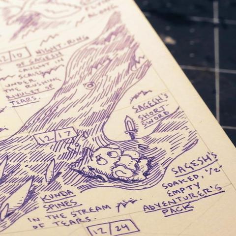 12/17: a forking stream with long spines sticking out of it, a backpack in the water, and a stubby shortsword on the bank. text: "kunda spines in the stream of tears" "sagesh's short-sword" "sagesh's soaked, 1/2-empty adventurer's pack"