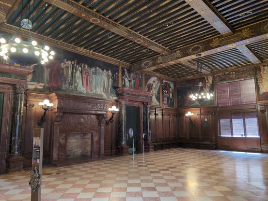 Respected American illustrator Edwin Austin

Abbey (1852-1911) completed his first work in oil paint with this vibrant mural cycle, installed in the library in 1902. The murals follow the story of Sir Galahad on his quest for the Holy Grail.