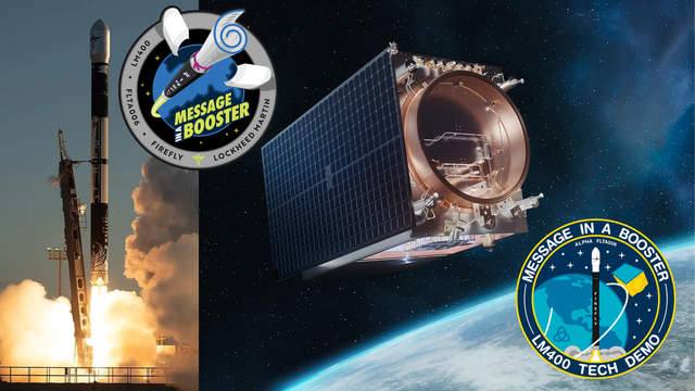 Shown are the Firefly Alpha rocket leaped and launched from the pad, and artist's rendition of LM400 Demo satellite orbiting the Earth.