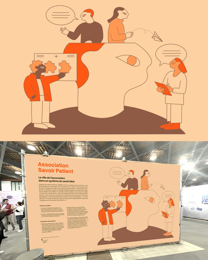 Illustrations sur la Savoir Patient et la version imprimée sur bâche à la dimension de fresque immersive exposée lors du festival.