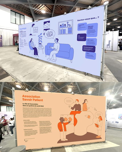 Deux exemples d'illustrations imprimées sur bâche à la dimension de fresque immersive exposée lors du festival.