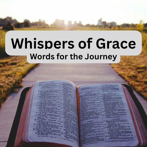 An open Bible is set against a scenic outdoor path with the overlay text "Whispers of Grace: Words for the Journey."