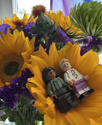 Lego Ed and Lego Stede laying in a sunflower surrounded by purple, green, and yellow flowers