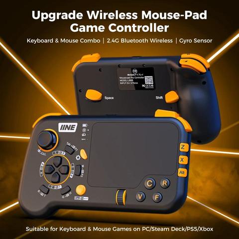 Gamepad-like device. The left side is more or less traditional, with a stick, d-pad, bumper and trigger. But the right side is flat, like a smartphone, with most of the surface occupied by a touchpad with buttons and a scroll wheel underneath it; the bumper and trigger are side by side. The back of a device has three buttons.

All the labels are for keyboard or mouse buttons: for example, the buttons on the top edge are two mouse buttons and Q and E; the stick is WASD; d-pad is numbers; the buttons on the back are Space, Shift and Fn; etc.

The body of the device is black, some buttons are black, some are yellow, they have white or yellow labels on or near them. It has an IINE logo.

Text on the image indicates that it is a “Keyboard & Mouse Combo”, wireless, has gyro, and should work with PCs or consoles that support keyboard and mouse controls.