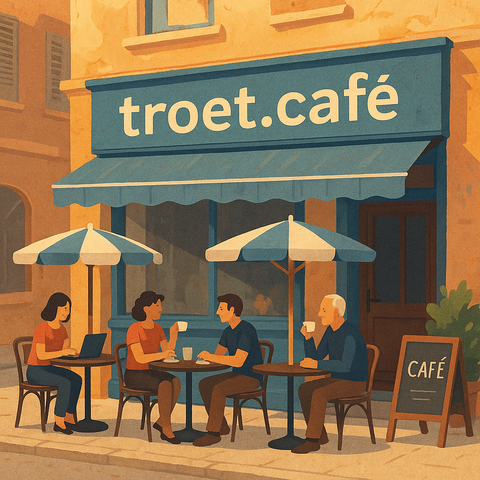 Illustration eines Straßencafés mit dem Schild „troet.café“ über der Tür. Menschen sitzen entspannt unter Sonnenschirmen, trinken Kaffee und unterhalten sich.