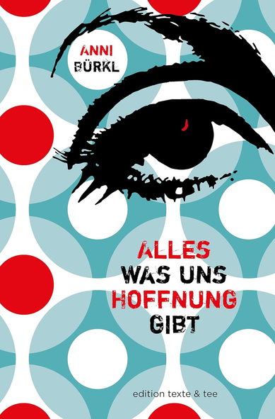 Buchcover mit türkis weiß rotem Muster und einem schwarzen Auge