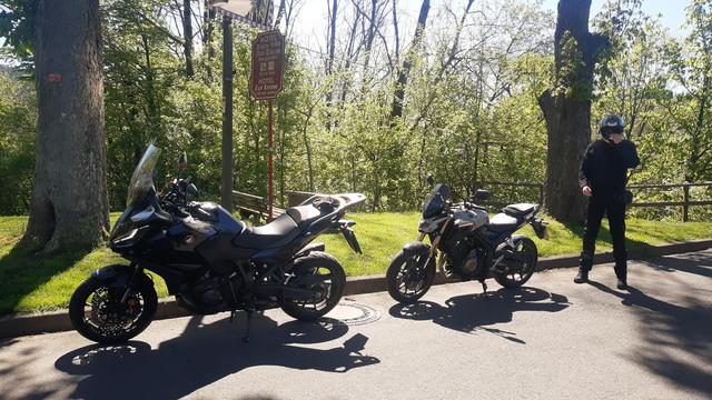 Zwei Motorräder stehen am Straßenramd vor grünen Bäumen, daneben steht ein Biker