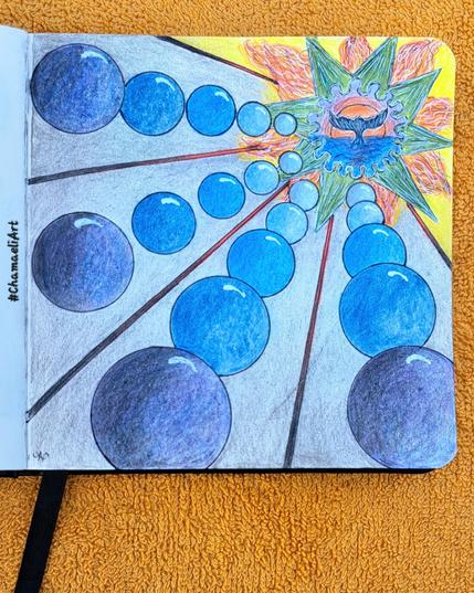 Im kleinen quadratischen Skizzenbuch mit schwarzem Pigmentliner, Polychromos Buntstiften und weißem Gelroller gezeichnet: Vier Reihen von jeweils 5 Kugeln in Blautönen von Dunkel nach Hell schweben perspektivisch aufgereiht im Raum. Der Blick geht von links unten nach rechts oben. Schwarzrote Linien zwischen den Kugeln verstärken den Effekt. In der linken oberen Ecke ist ein sternförmiges Gebilde mit grünen Zacken und dazwischen rot-orangenen Flammen auf gelbem Grund zu sehen. In der runden Mitte des Gebildes scheint sich eine Walflosse aus dem Meer vor einem roten Sonnenuntergang zu erheben.