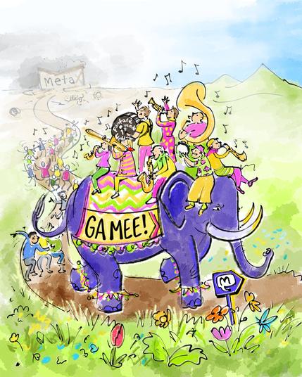Fanfare op een paarse olifant (mastodon), met vrolijke mensen die van Meta naar Mastodon gaan