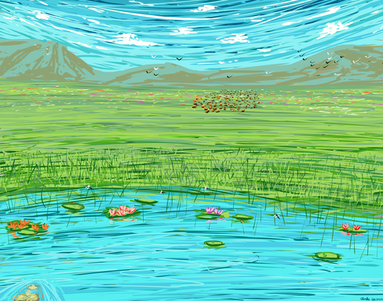 A stylistic landscape painting was a hardedge brush and lots of brush strokes. The scene is a grassland with wildflowers littering the grassy areas. A head of bison graze out in the distance before a mountain range covers the horizon. The sky is littered with sparse clouds and in the foreground is the edge of a small lake. Lilly pads and their flowers litter the water's edge along with some dragon flies flying around. A couple of butterflies chilling on the grass sprouting from the water along with two frogs sitting on some lily pads. A gator can be seen cruising on the waters surface coming from the foreground towards the lily pads.
