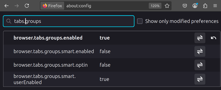 Screenshot from about:config, searching for tabs.groups. 

The settings are as follows:


Alleen gewijzigde voorkeuren tonen
browser.tabs.groups.enabled	true	
browser.tabs.groups.smart.enabled	false	
browser.tabs.groups.smart.optin	false	
browser.tabs.groups.smart.userEnabled	true