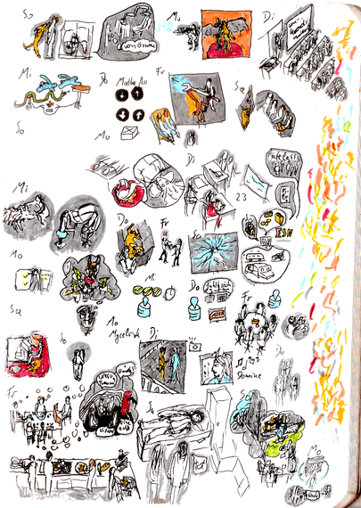 Rough, small sketches in ink with the best experience for almost every day in the timeframe.

The base is lineart in black and gray, often colored with sky blue, grass green, sun orange, or earth yellow as highlight-colors. On the right there is a streak of colors where I clean the pens after they take up black ink.

One is playing a roleplaying game by telecon with a scene from the game in a thought bubble.

Two are reading to the kids while lying on a red cushion, with a scene from the book in a speech bubble. One is sitting with the kid to build a roleplaying character.

Three are with a dog: the dog greeting, petting a hairy dog, a dog laying the head on my shoulder. Several are playing computer games and watching video, with a scene in a screen-frame.

Four are from work: talking to a colleague, getting all tests green, getting good feedback from a customer, and a round-table meeting with a man and a cat nearby.

One shows two blue rabbits jumping with a snake over  a plusminus sign to a fungus.

One is standing in front of a classroom while teaching a course at dual university, one is talking online to plan a weekend, with food, cars, train, bike, and the name "fateless". One is embracing my wife.

It ends with five sketches from a roleplaying weekend over easter: Embracing friends at the start, sitting around a table and imagining sitting in a boiler room, one is cooking together, one is a person lying on a bed The last is a blue circle around a house and singing.