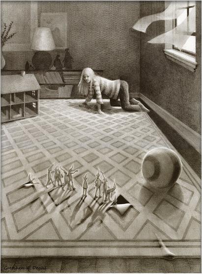 Pencil drawing of a young girl kneeling on a patterned rug, playing with her doll. On the floor, in front of her, eleven tiny creatures march in and out of the designs on the floor, lit up by an open window, casting long shadows. NOTE: This description created especially for my lovely blind friend, Georgiana. :-)