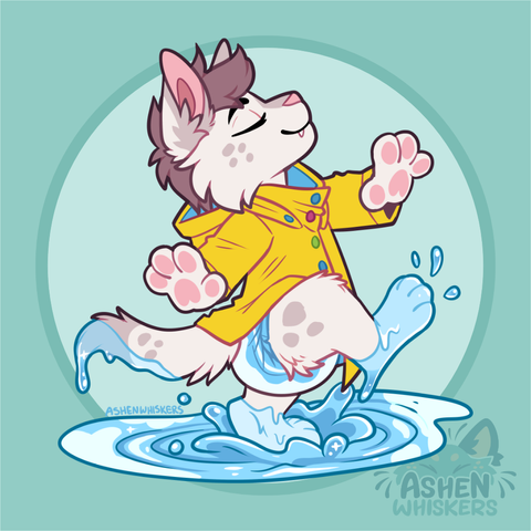 cute art of a kitten cheerfully tramping through a rain puddle, wearing a yellow raincoat with colorful buttons