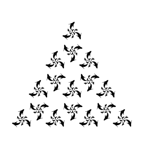 A series of triangular tiles, set inside a larger triangle. The tiles are composed on black shapes on a white background that look like outward pointing arrows but on close inspection reveal to be the silhouettes of humpback whales taken mid-jump.
