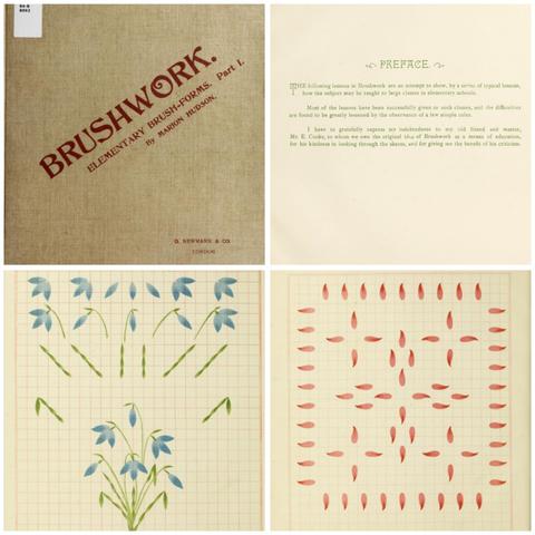 A collage of 4 pictures from the book.

The picture on the upper left is the front cover. It's a light brown cover with burgundy lettering. It says "Brushwork" in big letters. Underneath, it says "Elementary Brush-Forms by Marion Hudson." Text on the bottom right of the cover reads, "O. Newman & Co. London".

The picture on the upper left is the preface. It reads, "The following lessous in Brushwork are an attempt to show, by a series of typical lessons, how the subject may be taught to large classes in elementary schools. Most of the lessons have been successfully given to such classes, and the difficulties are found to be greatly lessened by the observance of a few simple rules. I have to gratefully express my indebtedness to my old friend and master, Mr. E. Cooke, to whom we owe the original idea of Brushwork as a means of education, for his kindness in looking through the sheets, and for giving me the berefit of his criticism."

The picture on the bottom left is a page from the book with a light red grid with painted green stems and blue petals.

The picture on the bottom right is another painting with the same grid of red marks that also look like petals, arranged in a big square, four small squares inside, and a cross with equal sides in the middle.