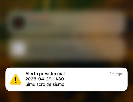 A notification displaying an alert about a presidential earthquake drill scheduled for April 29, 2025, at 11:30 AM.