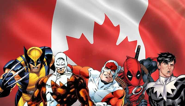 Five Canadian Marvel superheroes—including Wolverine, Guardian, Northstar, Deadpool, and Sasquatch—stand in front of a large, stylized Canadian flag with a red maple leaf. The characters are depicted in a comic book art style, striking action-ready poses with a patriotic theme.