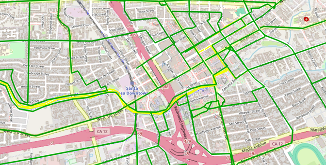 A section of map covering downtown Santa Rosa with a lot of green lines marking where I've run.