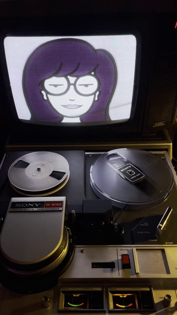 Le magnétoscope est en train de lire une bande magnétique. Une télévision y est connecté. Sur l'écran, l'image du personnage de Daria Morgendorffer en noir et blanc de la série "Daria"
