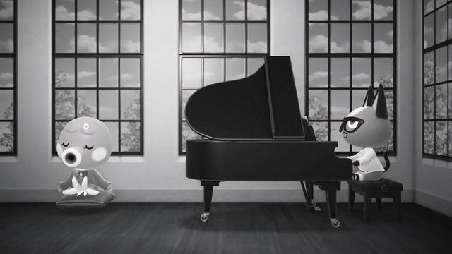 Black and white Animal Crossing: New Horizons screenshot. Image shows Raymond playing a black grand piano in a room filled with large windows. Marina (octopus) is sitting in a school uniform asleep on the ground.