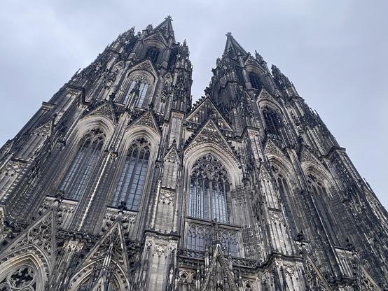 Looking up the cologne cathedral. The structure is 157m tall.