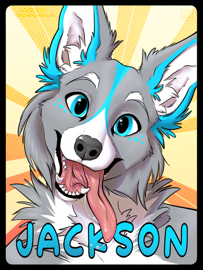 A badge showing a portrait of a grey collie with white and aqua markings. He has a big grin with his tongue lolling out. The name Jackson is written across the bottom