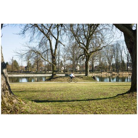 Picture of blurred (due to the slow shutter speed) bicyclist driving though a park. They are framed by trees and in the background is a river.