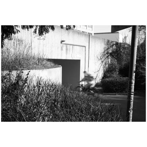 Picture of a cyclist driving into an pedestrian underpass with bushes in the foreground. The cyclist is very blurred due to slow shutter speed.