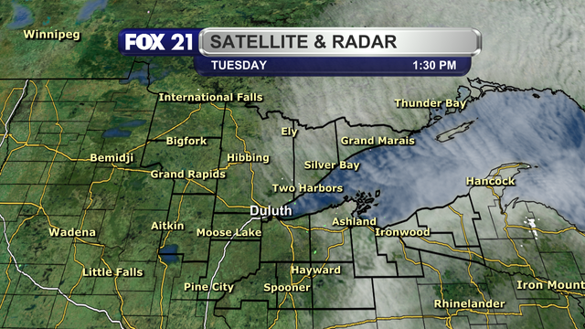 The satellite and radar over the Northland at 1:30 p.m. on Tuesday, April 29, 2025, shows clear skies west of Highway 53, with cloud cover over the eastern half of the region moving off to the east.  There is no precipitation being observed or detected.