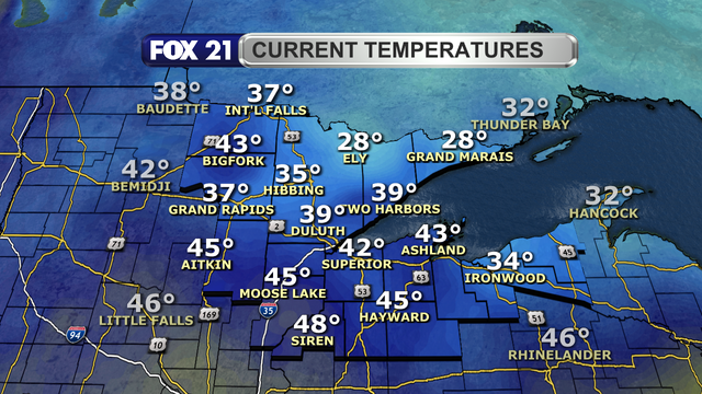 Temperatures in the Northland just after 1 p.m. on April 29, 2025, range from 28 to 48 degrees Fahrenheit.  The coldest readings are in the Arrowhead and Boundary Waters regions.