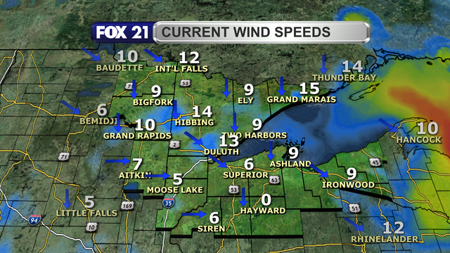 Wind speeds in the Northland just after 1 p.m. on April 29, 2025, range from calm to 15 mph.  Wind direction is primarily from the north, northwest, and west.