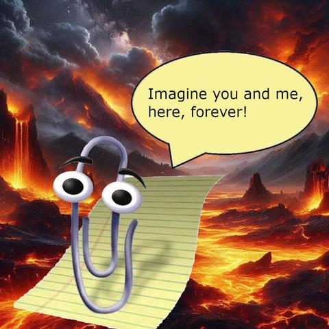 Clippy, the helper from MS Office against a hellish background. A speech bubble says "Imagine you and me, here, forever!"