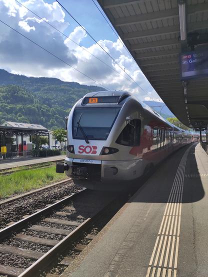 Foto. Ein silberner Zug im Bahnhof.