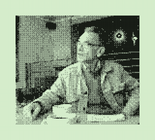 Photo of an older man sitting in a cafe, wearing a jeans jacket and glasses, in discussion, highly pixelated