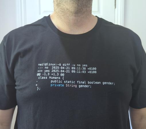 Photo of a black t-shirt, showing a (sort of) unified diff output.

The key bit is:
- public static final boolean gender;
+ private String gender;

private String gender is in blue, pink, and white.
