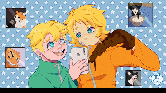 - Drawing Type:
Normal Style / Cell Shading / Thigh Up

- [ 2 ] Character/s:
* Human / Male
* Human / Male

- Background:
Simple [Stars and some random cat memes]

- Description:
Butters and Kenny, from South Park, watching some funny cat memes in the phone
