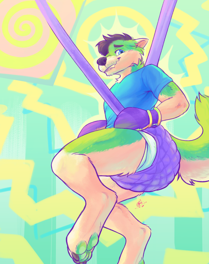 A furry husky hangs on an oversized babybouncer. He looks back down to the viewer, shy and embarrased, aware he's about to enter a long trance that will render him big baby thanks to the hypno files reproducing on the TV in front of him