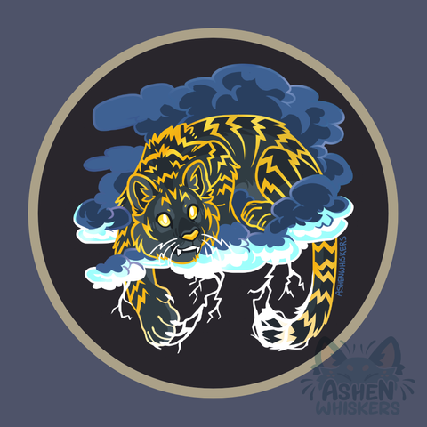 art of a gold tiger in blue storm clouds on a black background. lightning arcs between the claws and the clouds