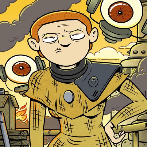 Farmella, a farmpunk terrorist in homespun garments and close-cropped red hair, is mildly perturbed as she stands amongst the ruins of a fiery dystopia while hovereyes watch her from the smoky skies behind her
